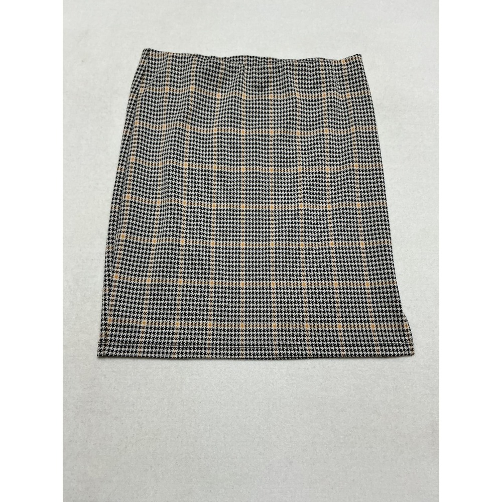 SO Womens Large Plaid Houndstooth Mini Skirt Black White Tan Stretch Preppy